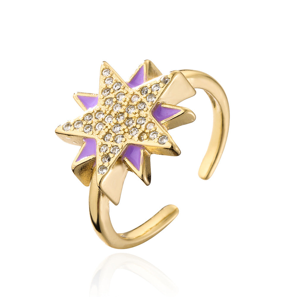 Cartoon Style Geometric Open Star Ring for Women in Copper with 18K Gold Plating and Cubic Zirconia Inlay