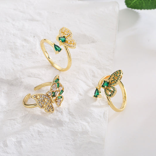 Minimalist Butterfly-Shaped Geometric Open Ring in Copper with 18K Gold Plating and Micro-Pave Zirconia for Women