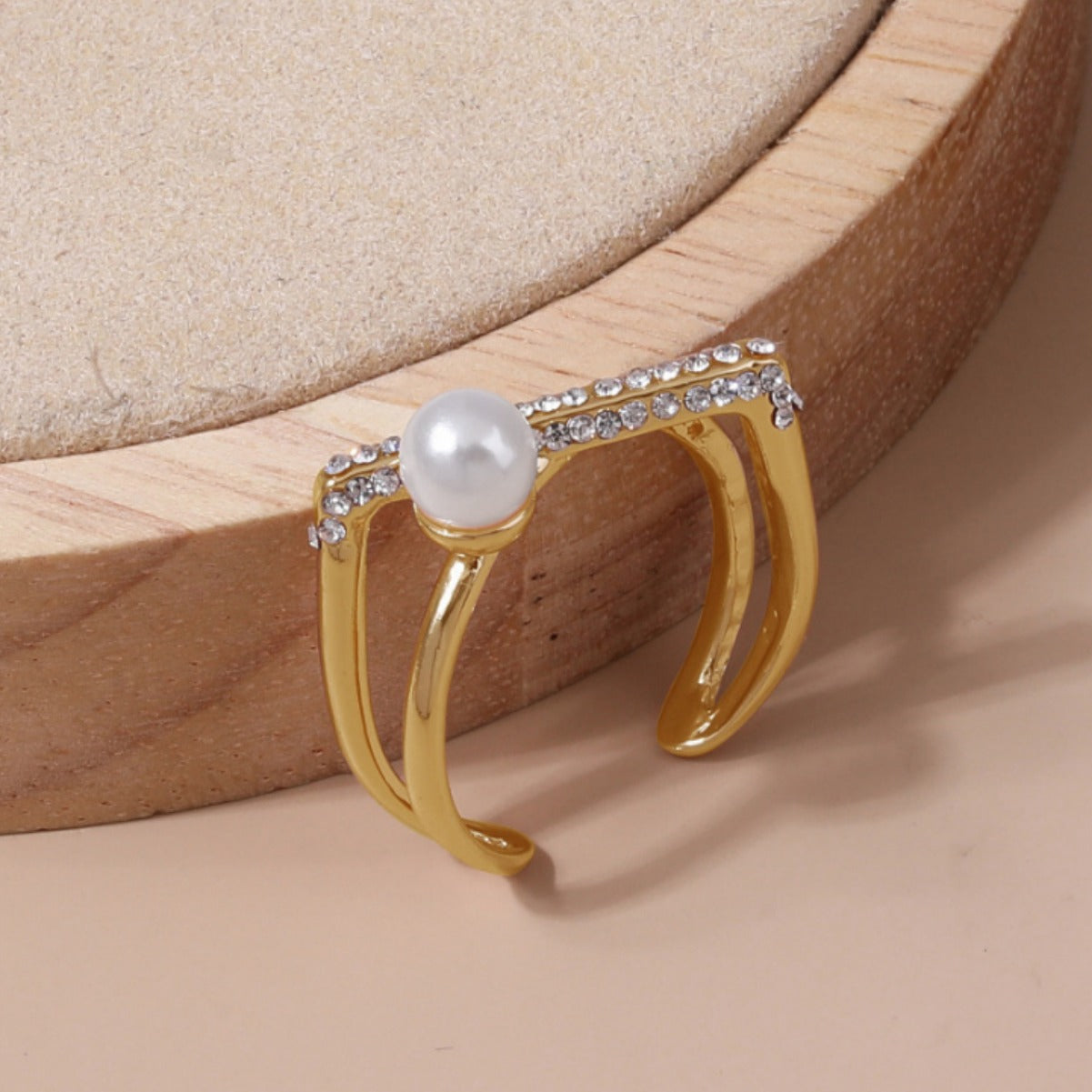 Anillo de cobre con incrustaciones de perlas geométricas, minimalista y a la moda, para mujer con banda abierta ajustable