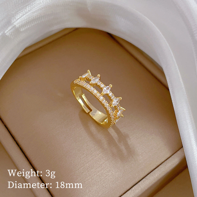 Minimalist Geometric Gold-Plated Brass Open Ring for Women with Crown Shape and Rhinestone Inlay