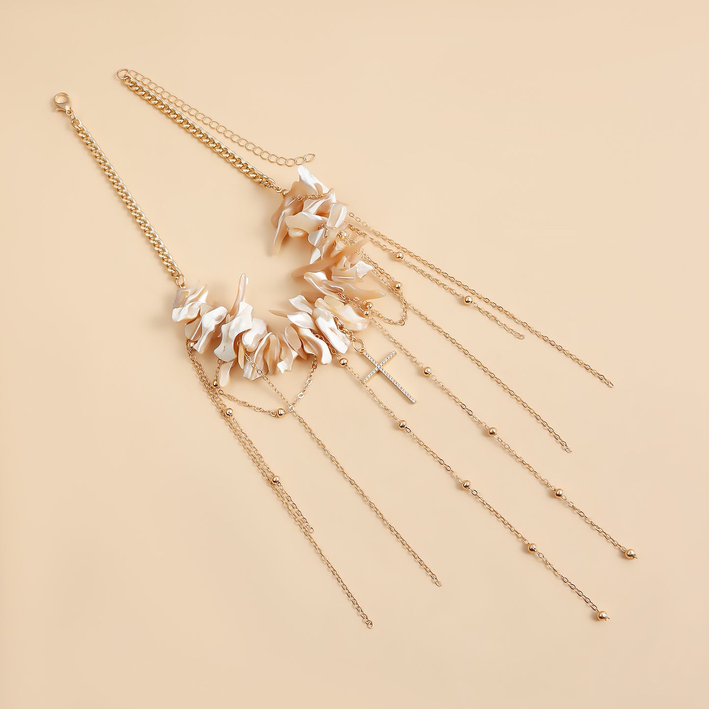 Vintage-Inspired Irregular Shell Cross Pendant Clavicle Necklace for Women with Electroplated Alloy and Geometric U-Shaped Design