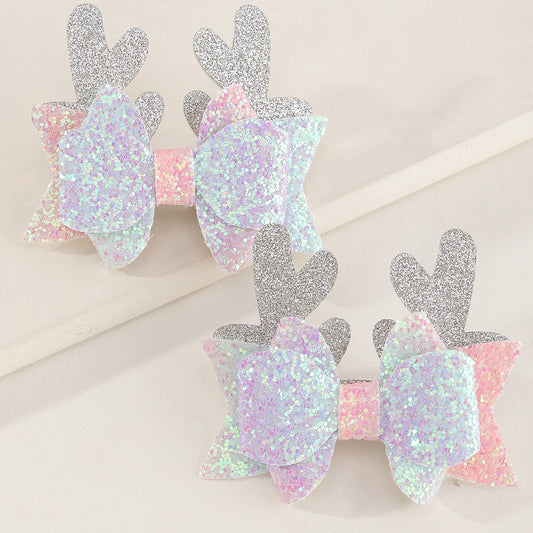 Set di Fermagli per Capelli fatti a mano a forma di fiocco per bambine con design a orecchie di cervo, decorazione con paillettes scintillanti, in tessuto, collezione Natale e Autunno Inverno