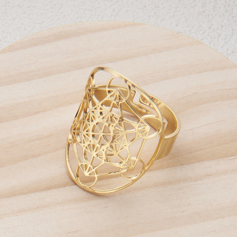 Adjustable Geometric Hexagram Oval Stainless Steel Ring with Polished Finish for Unisex