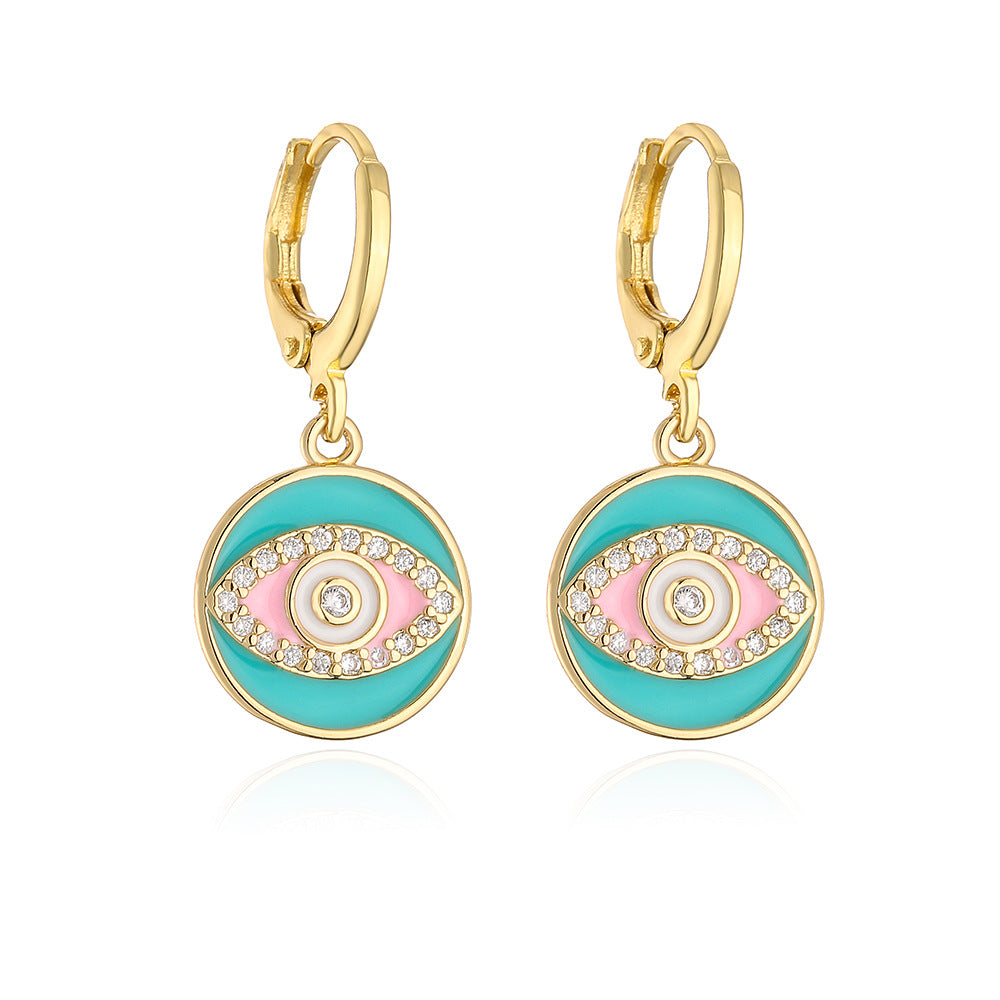 Orecchini da donna in rame in stile bohémien con placcatura in oro 18 carati e design a occhio di Allah geometrico smaltato in zirconia