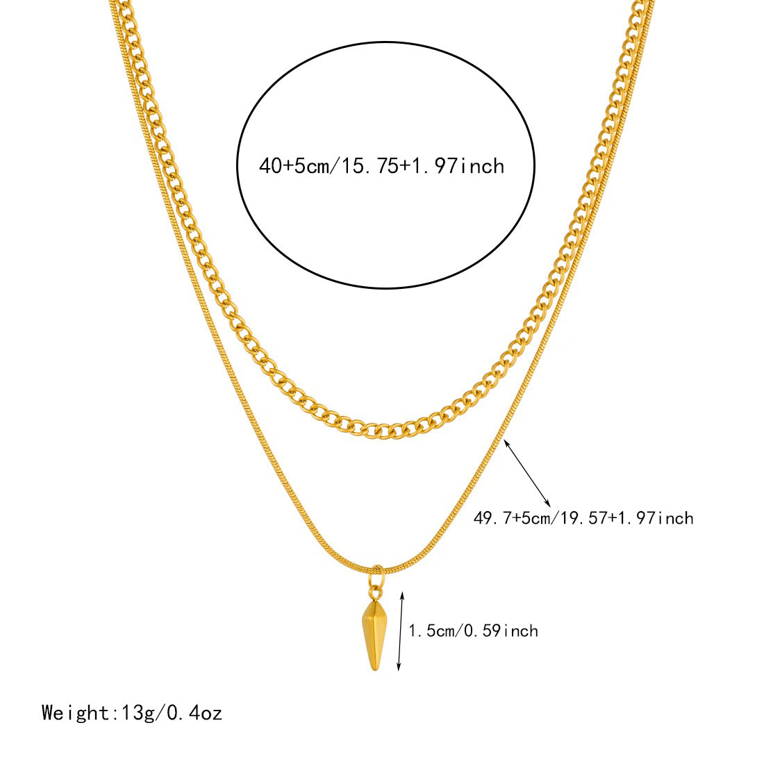Punk Hip-hop Gold Plated Stainless Steel Rivet Pendant Double Layer Snake Chain Necklace
