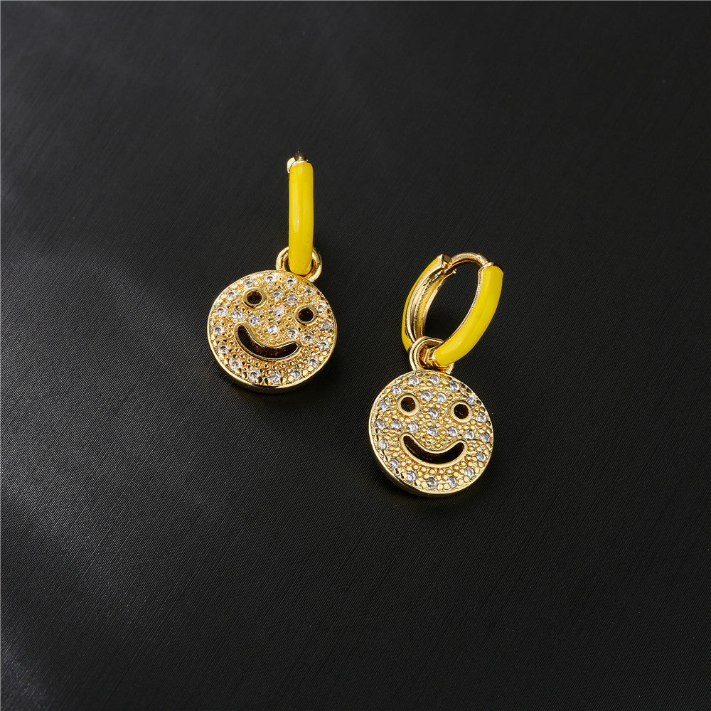 Sweet Geometric Drip Oil Brass Micro-Paved Cubic Zirconia 18K Gold Plated Smile Earrings