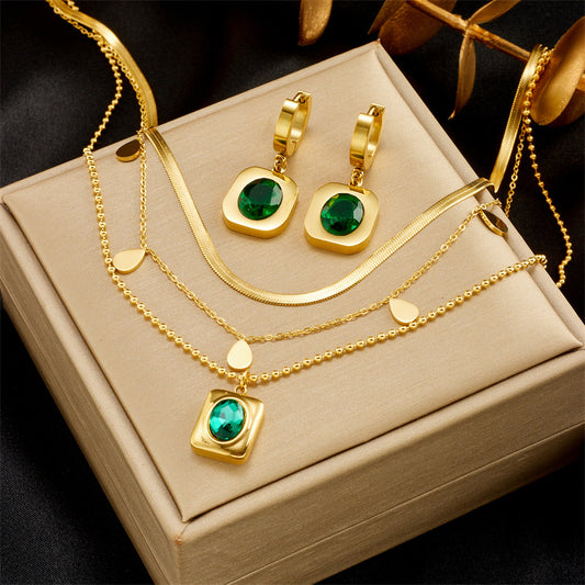 Vintage Minimalist Titanium Steel Emerald Zircon Earrings and Necklace Set for Women with Snake Chain and Inlay Craftsmanship