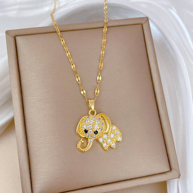 Collana con ciondolo elefante minimalista in acciaio al titanio con intarsio di strass per uomo e donna, catena a maglie a lunghezza regolabile