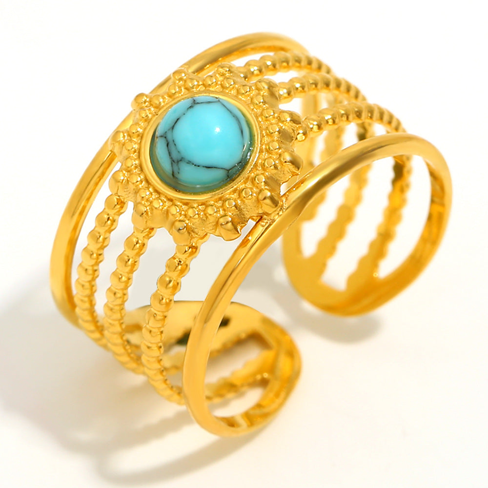 Anello Da Donna Con Apertura In Acciaio Inossidabile Placcato Oro 18 carati Turchese Geometrico Stile Vintage
