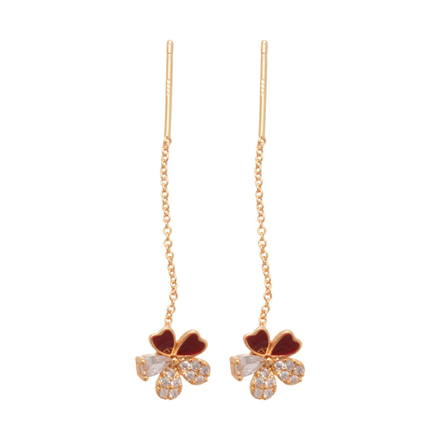 Orecchini Floreali Eleganti Vintage con Base in Rame Placcato Oro, Intarsio di Zirconi, Finitura Smaltata, Perni in Acciaio Inossidabile da Donna
