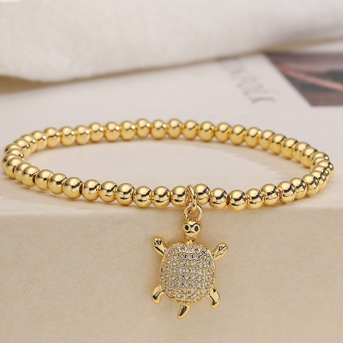 Fashion Cute 18K Gold Plated Cubic Zirconia Turtle Animal Brass Ball Chain Bracelet for Women