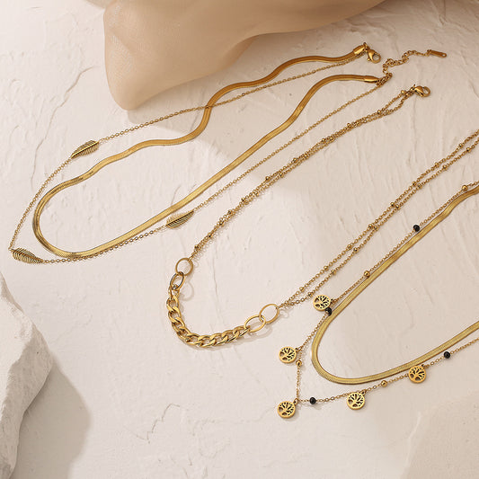 Minimalist Feather Tree Pendant Necklace for Women Titanium Steel Double Layer Clavicle Chain