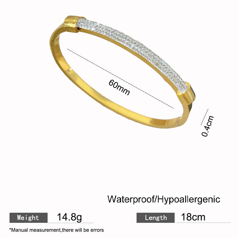 Luxury 18K Gold Plated Geometric Titanium Steel Bracelet with Full Cubic Zirconia Inlay for Women