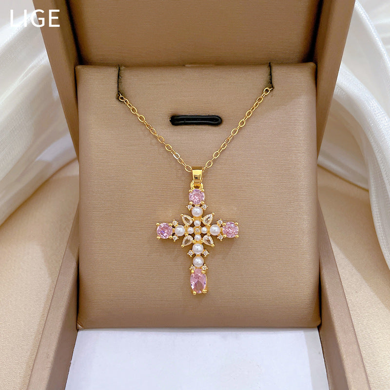 Minimalist Cross Pendant Necklace in Titanium Steel with Pearl Accents and Full Rhinestone Inlay for Women