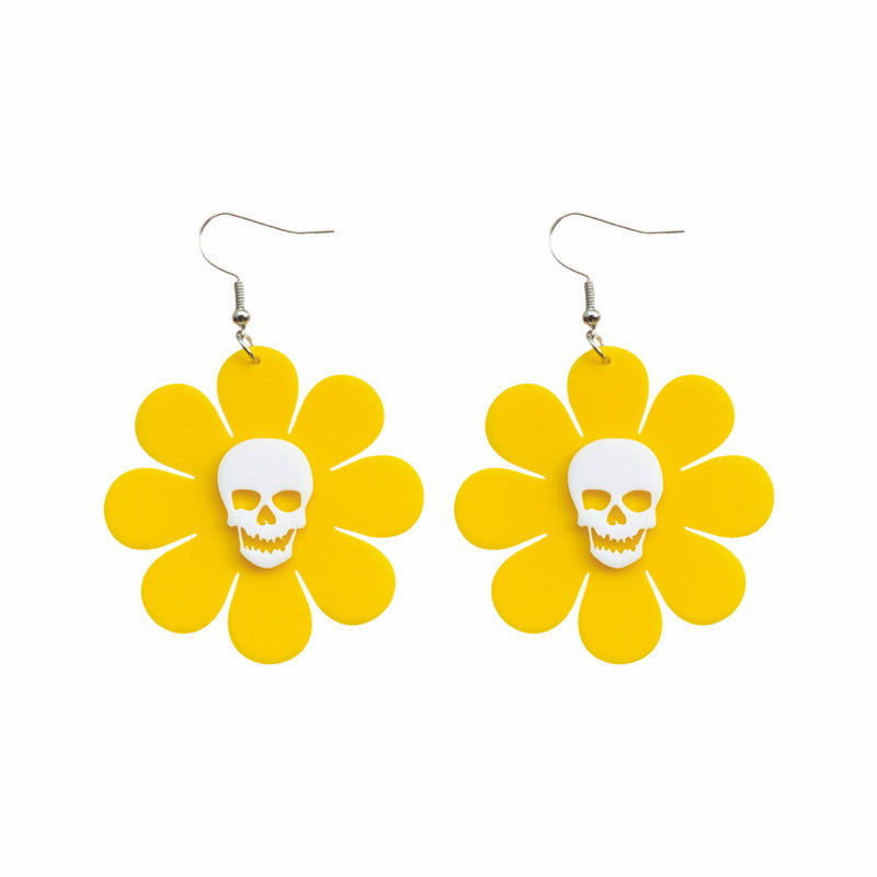 Orecchini pendenti da donna con teschio in stile cartone animato e dettagli floreali, con gancio, in acrilico