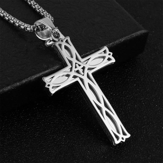 Minimalist Celtic Knot Cross Pendant Necklace for Men in Stainless Steel with Polished Titanium Steel Charm on Pearl Chain