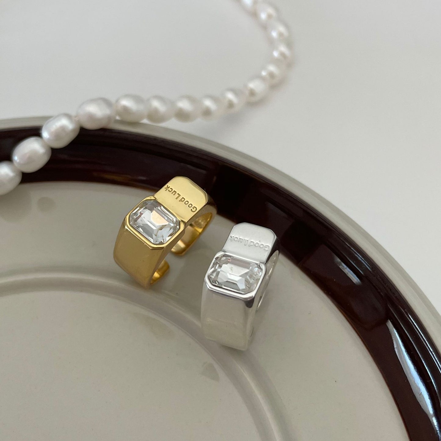 Minimalist Nordic Style Square Shape 925 Sterling Silver Ring with White Rhinestone Inlay for Women