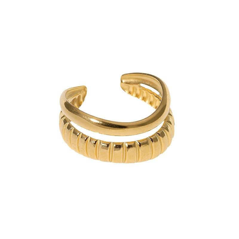 Vintage French Geometric Double Row Open Ring 18K Gold Plated Stainless Steel Fashion Jewelry for Women