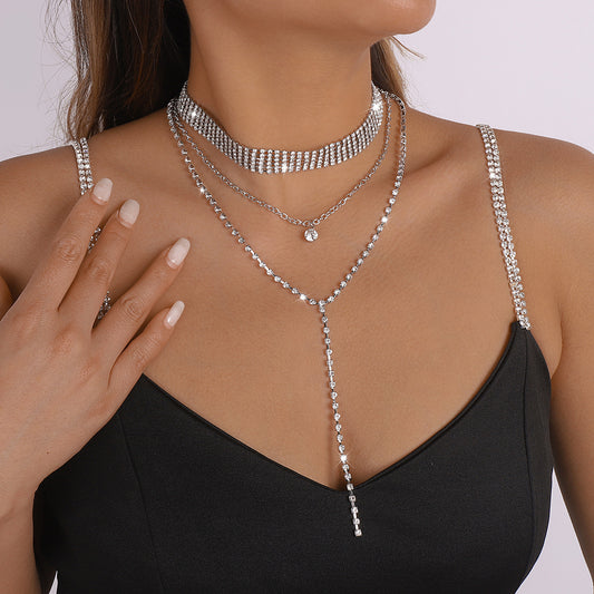 Gargantilla geométrica de diamantes de imitación, dulce y atrevida, con cadena de clavícula multicapa bañada