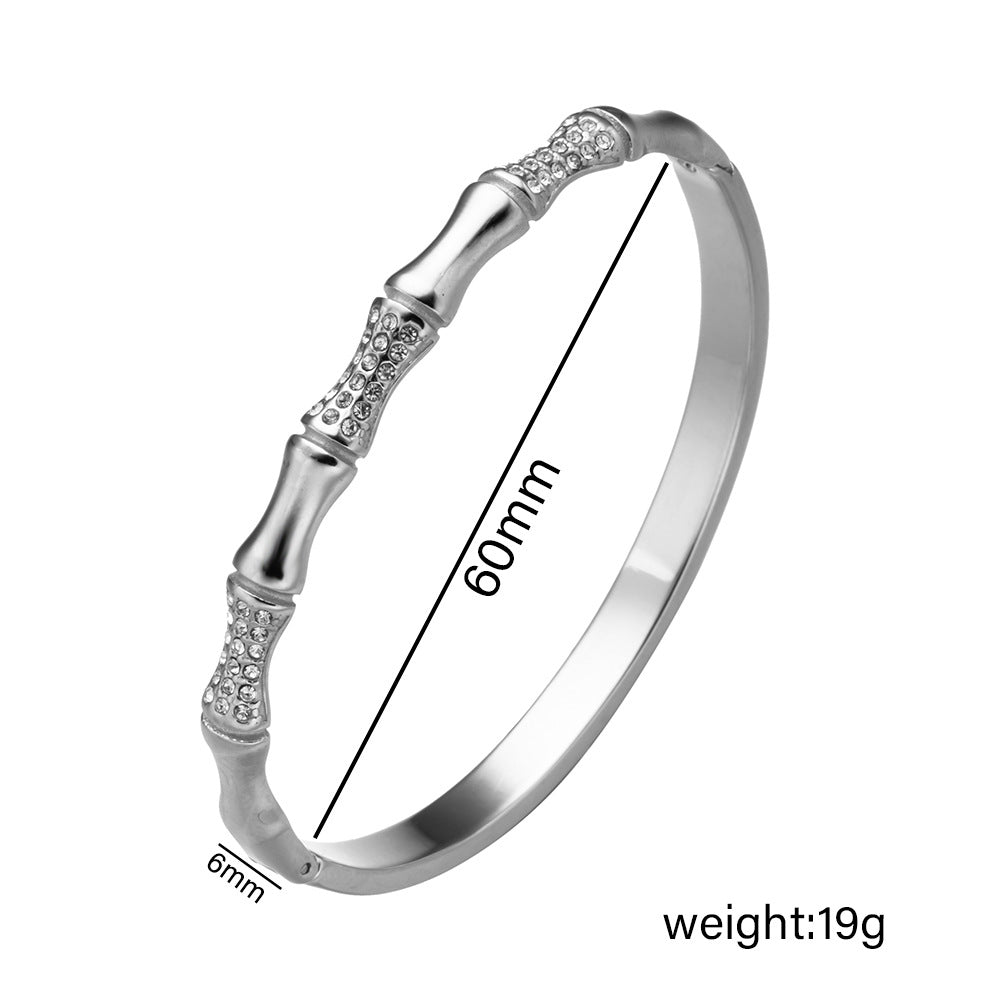 Elegante bracciale da donna in acciaio inossidabile a forma di nodo di bambù con placcatura in oro e zirconi micro-incastonati