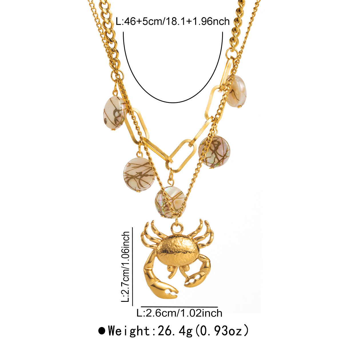 Collana con ciondolo a forma di granchio in stile vacanza in acciaio inossidabile con intarsio in conchiglia, design geometrico, placcato oro, catena per clavicola da donna