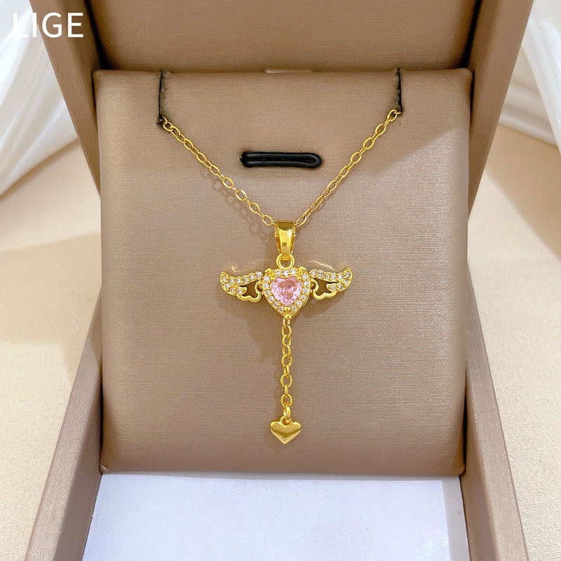 Sweet Geometric Moon Rhinestone Paved Movable Wing Tassel Necklace Titanium Steel Cable Chain for Women