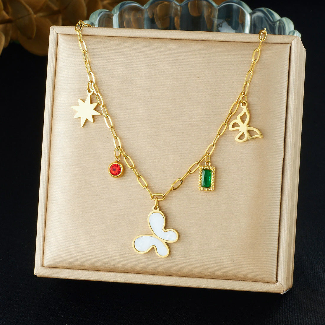 Minimalist Casual Geometric Round Square Gold Plated Rhinestone Butterfly Pendant Necklace for Women