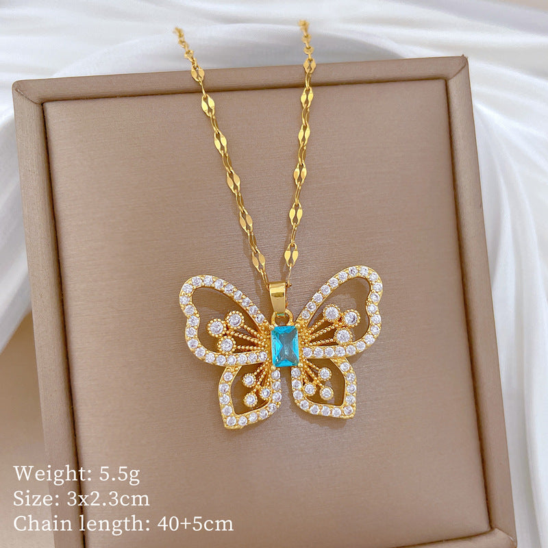 Sweet Minimalist Geometric Butterfly Rhinestone Titanium Steel Necklace for Unisex
