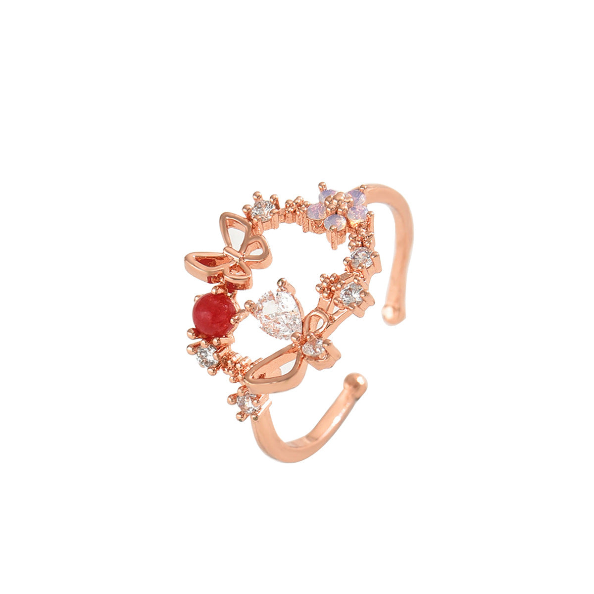 Anillo abierto para mujer minimalista, fresco y dulce con forma de lazo e incrustaciones de circonita en cobre