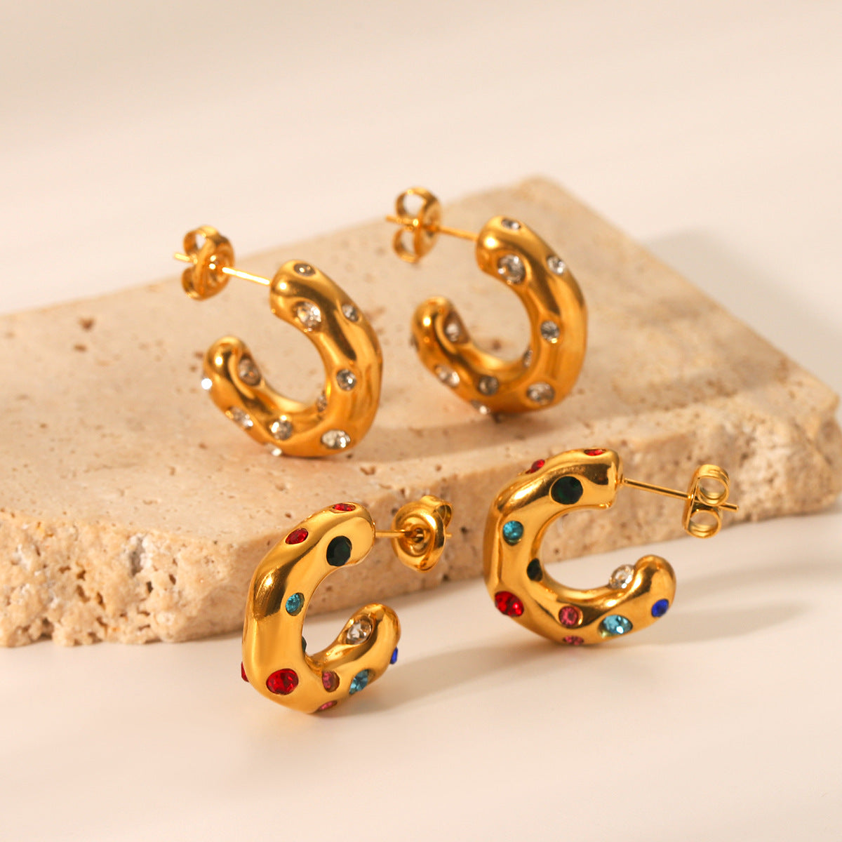 Ins Style Geometric C-Shaped 18K Gold Plated Stainless Steel Stud Earrings with Zircon for Women