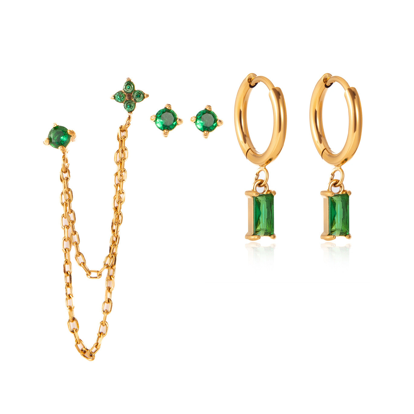 Elegant Geometric Four-Leaf Clover PVD Gold Plated Stainless Steel Cubic Zirconia Earrings for Women