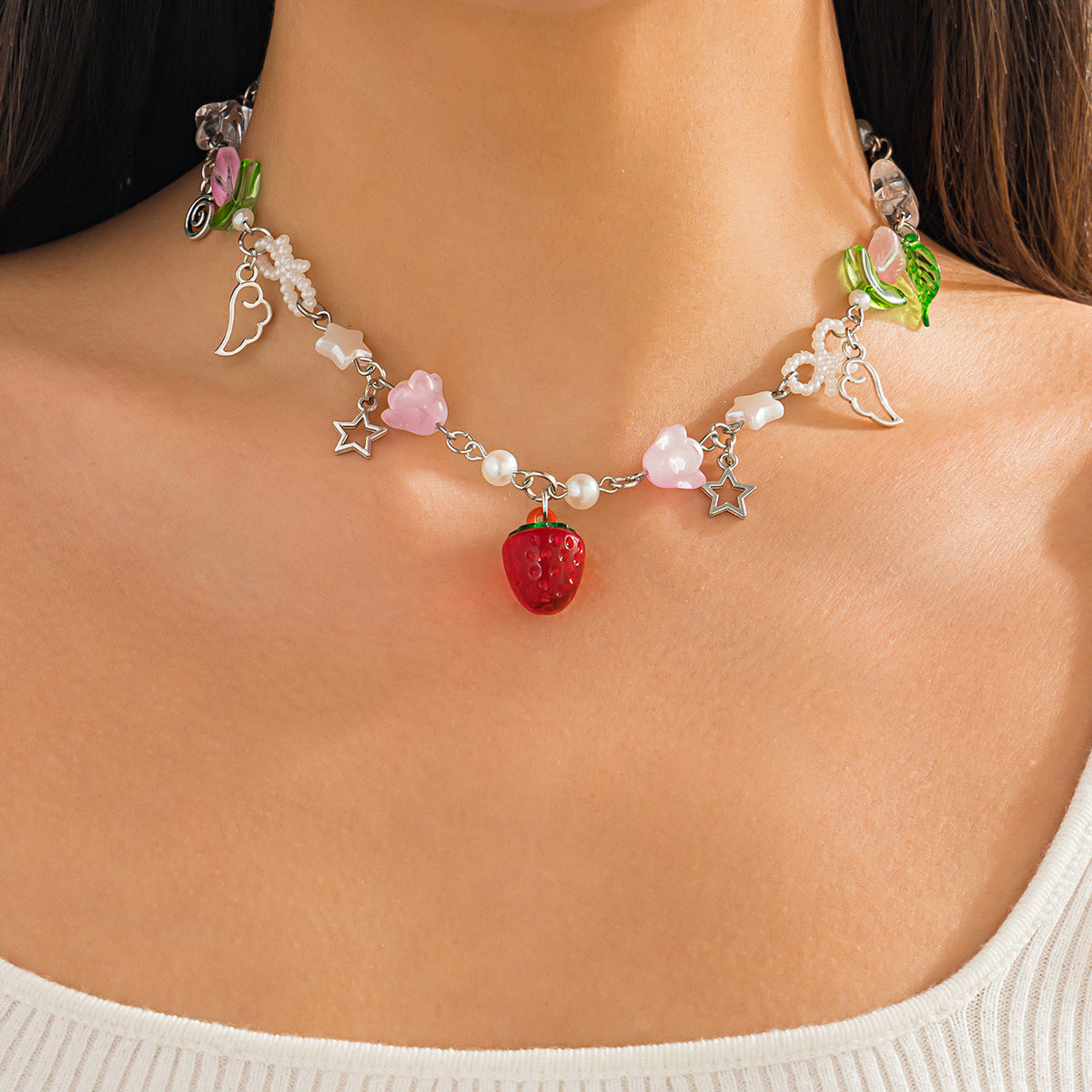 Ins Style Strawberry Pendant Necklace with Pearl-Look Beads, Heart and Star Charms, Tassel Accents, Plated Alloy, Handmade Chain for Women