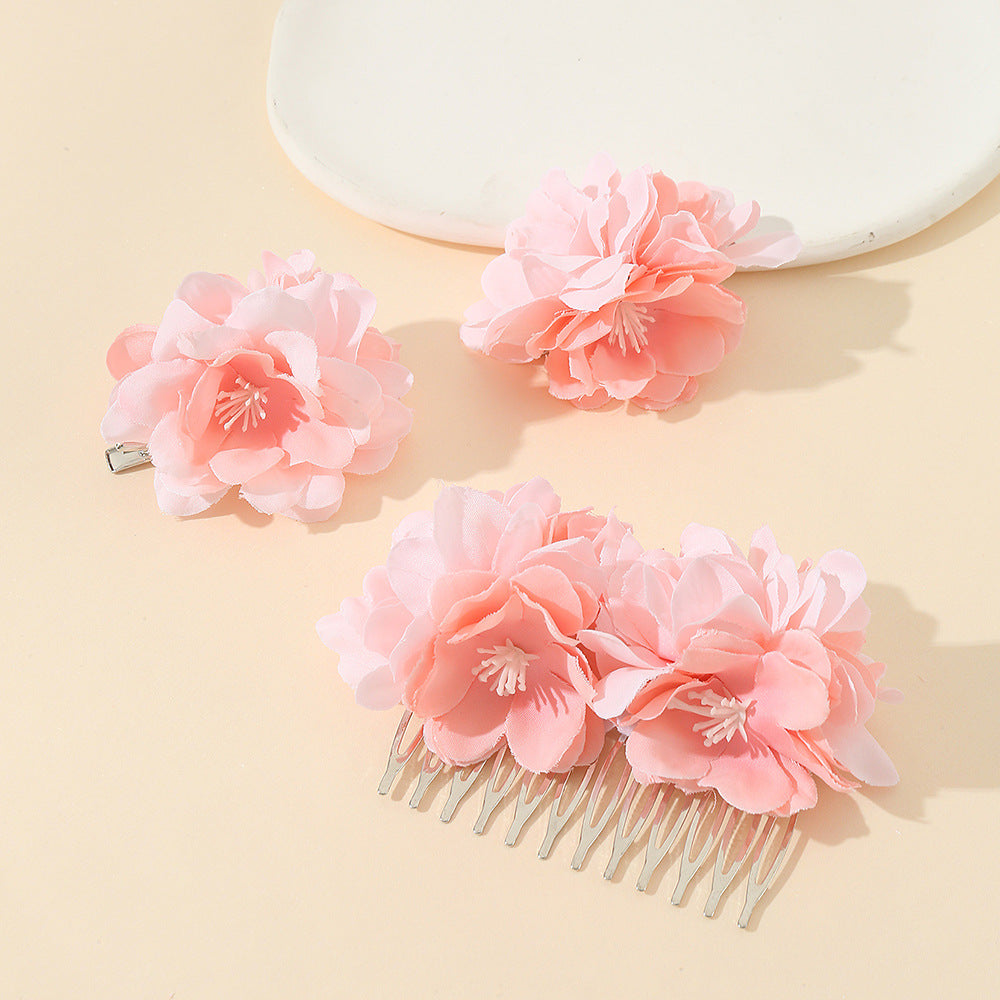 Sweet Vintage-Inspired Floral Hair Comb Set for Children with Fabric Flowers and Ribbon Details