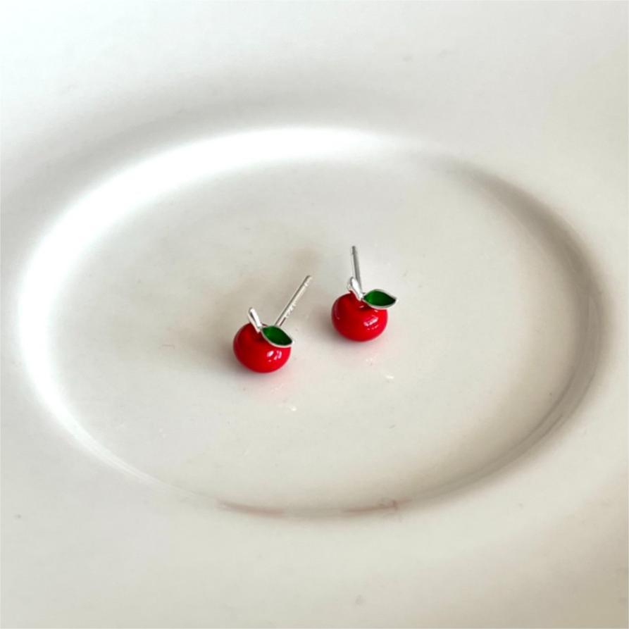 Minimalist Red Apple Stud Earrings for Women in 925 Sterling Silver with Enamel Finish and Geometric Shape