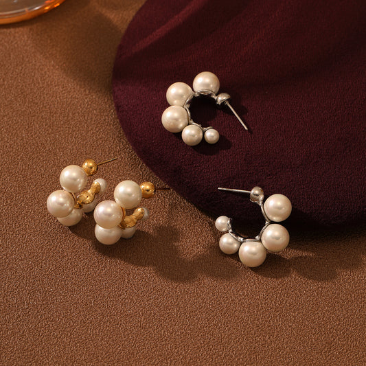 Vintage French-Style C-Shaped Pearl Earrings for Women in Titanium Steel with Plated Finish