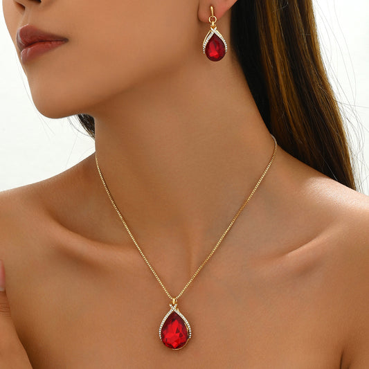 Juego de pendientes colgantes geométricos minimalistas y collar para mujer en cobre con incrustaciones de cristal