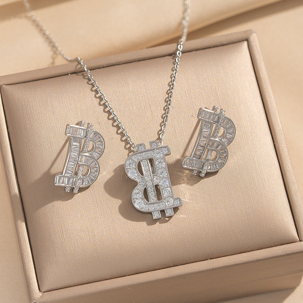 Set di Collana e Orecchini con Ciondolo a Goccia a Cuore Minimalista di Lusso in Acciaio al Titanio con Intarsi di Strass e Placcatura in Oro su Catena a O