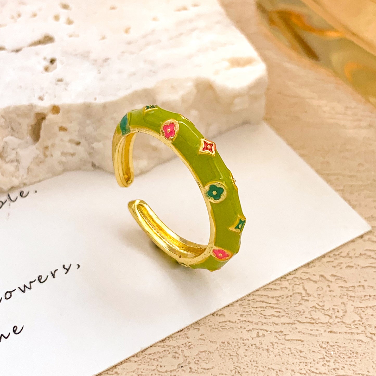 Sweet Gold Plated Drip Oil Floral Alloy Ring for Women