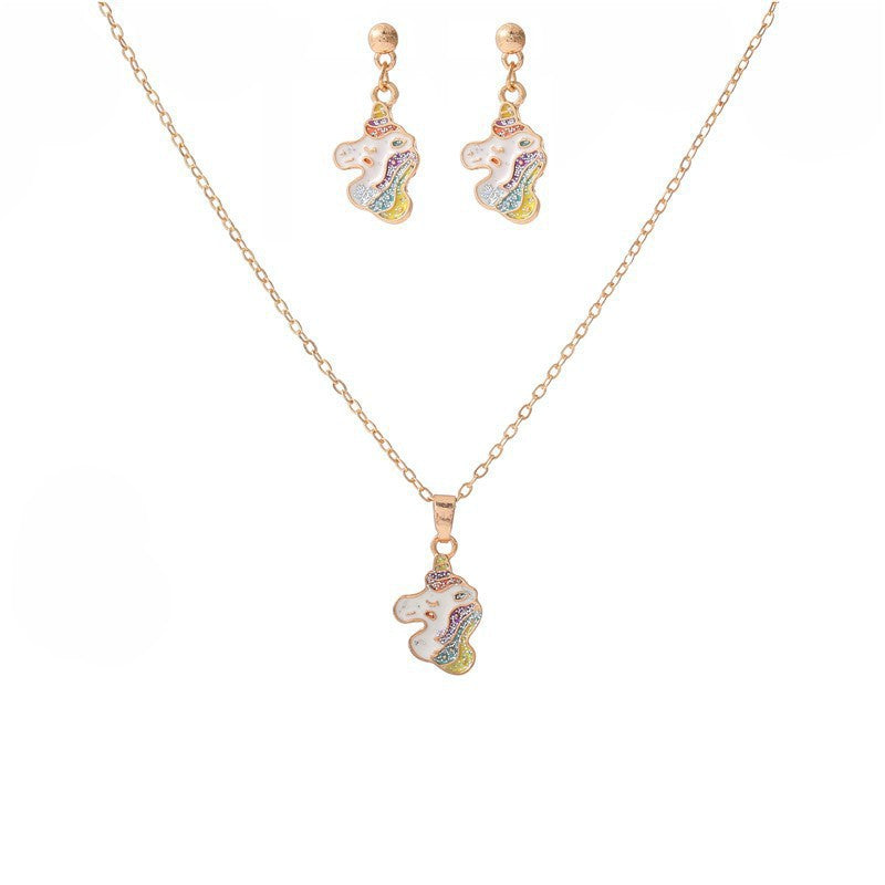 Set di Orecchini a Perno e Collana con Animali dei Cartoni Animati per Bambini, Gioielli in Lega con Finitura Smaltata e Accenti di Strass