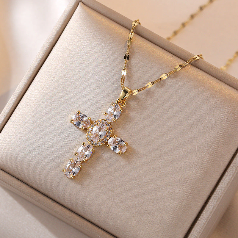 Vintage Sweet Cross Cubic Zirconia Inlay Titanium Steel Necklace for Women