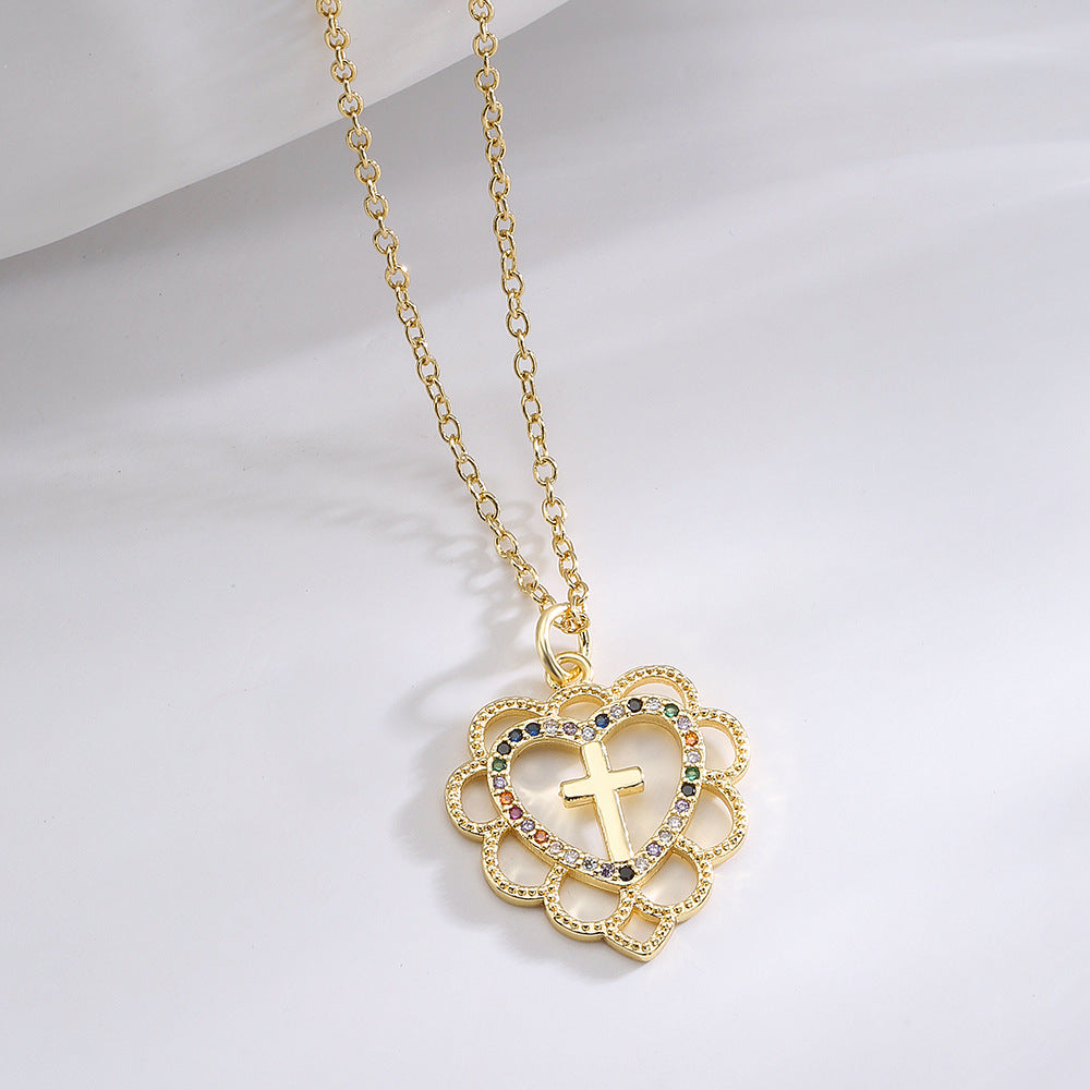 Elegante collana pendente a forma di cuore da donna in ottone placcato oro 18 carati e zirconi micro-incastonati