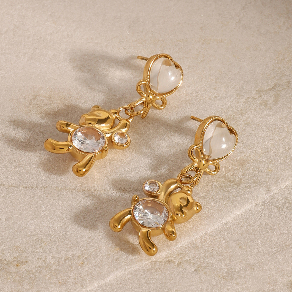 Sweet Stainless Steel Bear and Bow Stud Earrings with Cubic Zirconia for Women
