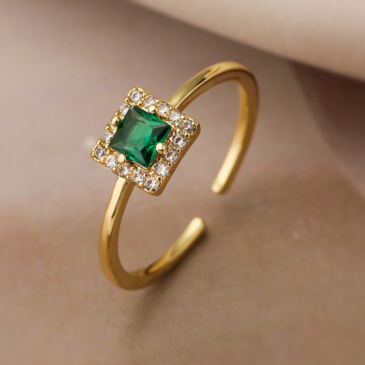 Minimalist Geometric Square Zirconia Open Ring for Women in Brass with Gold Plating