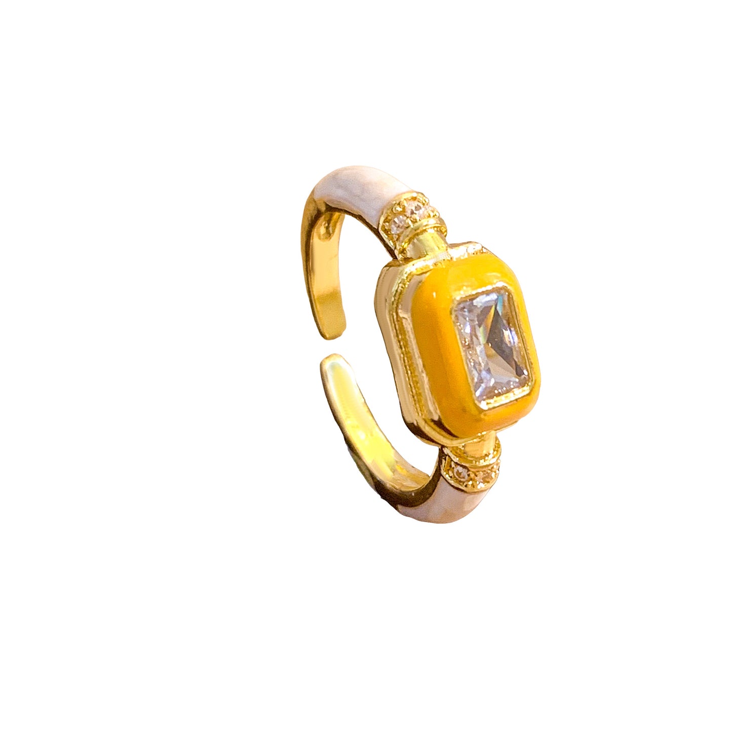 Sweet Geometric Square Gold Plated Brass Ring with Cubic Zirconia and Enamel Drip Oil Design for Women