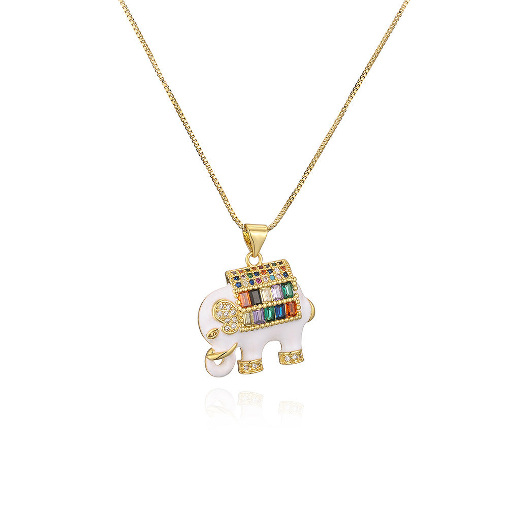 Minimalist Elephant-Shaped Enamel Pendant Necklace for Women with Brass Base and Mixed-Color Zircon Inlay