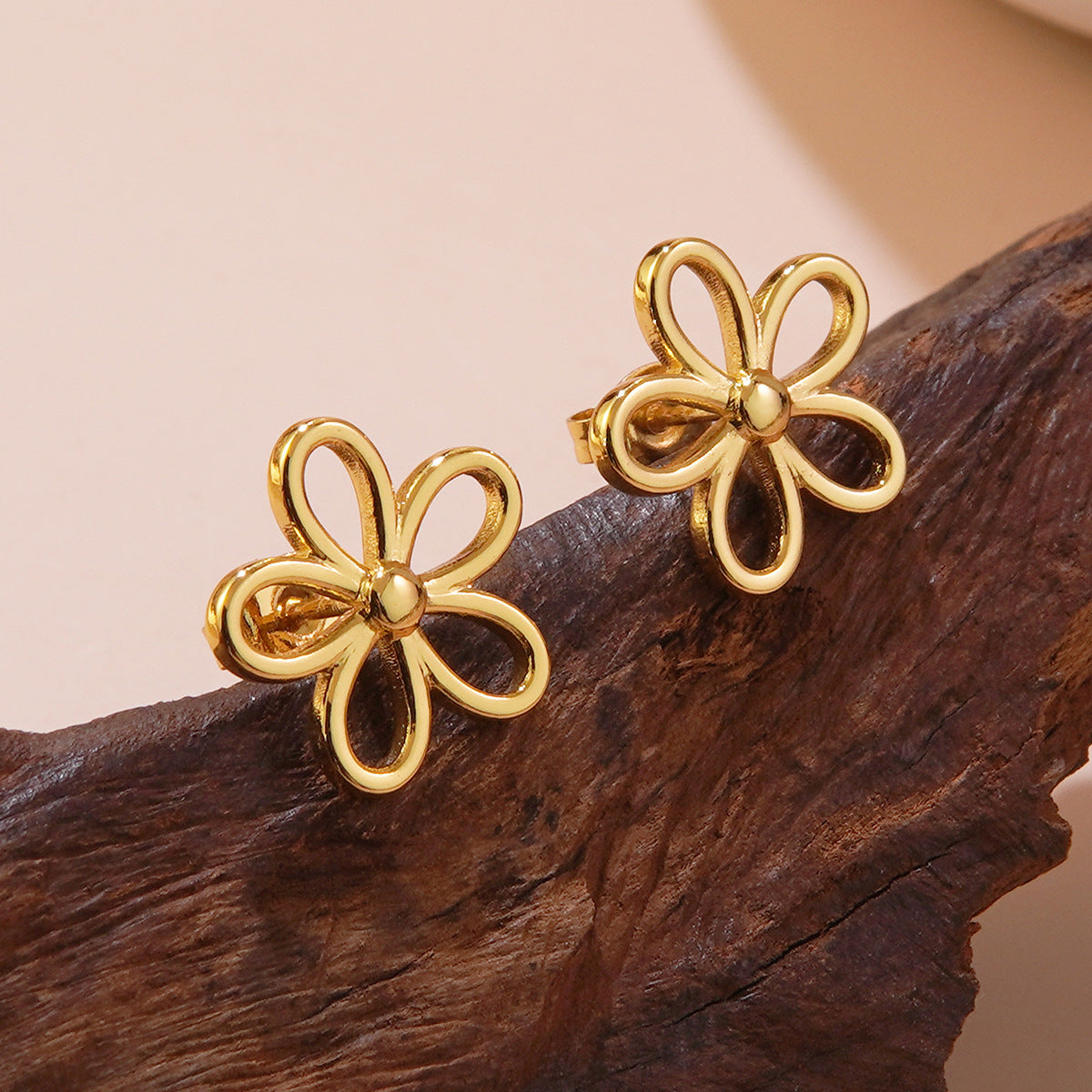 Sweet Minimalist Floral Hollow Five-Petal Stainless Steel Stud Earrings for Women