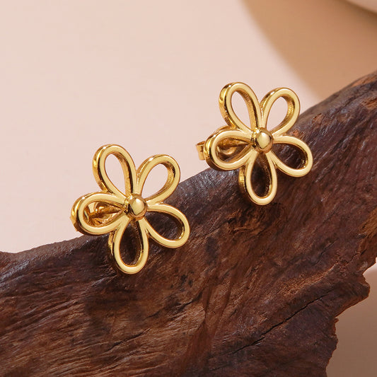 Dulces pendientes de acero inoxidable minimalistas con forma de flor hueca de cinco pétalos para mujer