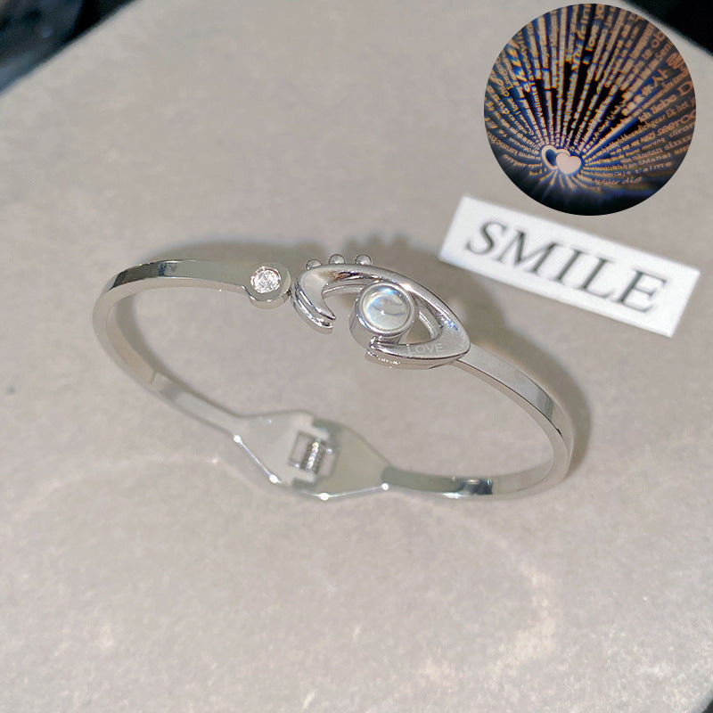 Rose Gold Plated Titanium Steel Evil Eye Projection Bracelet with 100 Languages I Love You Message Open Cuff
