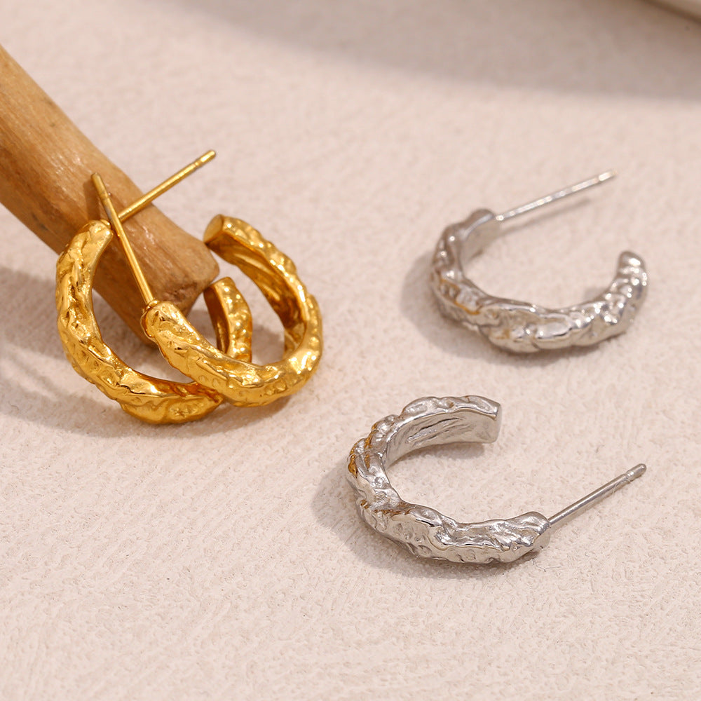 Minimalist Geometric Stainless Steel Earrings with 18K Gold Plating and Hammered Texture for Women