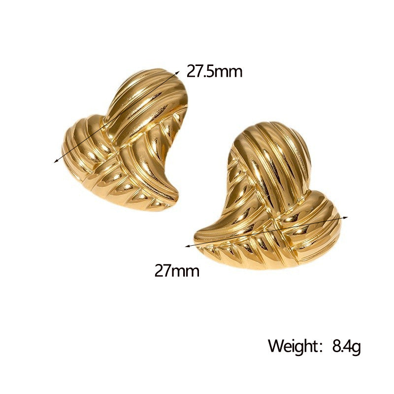 Orecchini a perno con strisce e cuori asimmetrici placcati oro 18K in acciaio inossidabile da donna